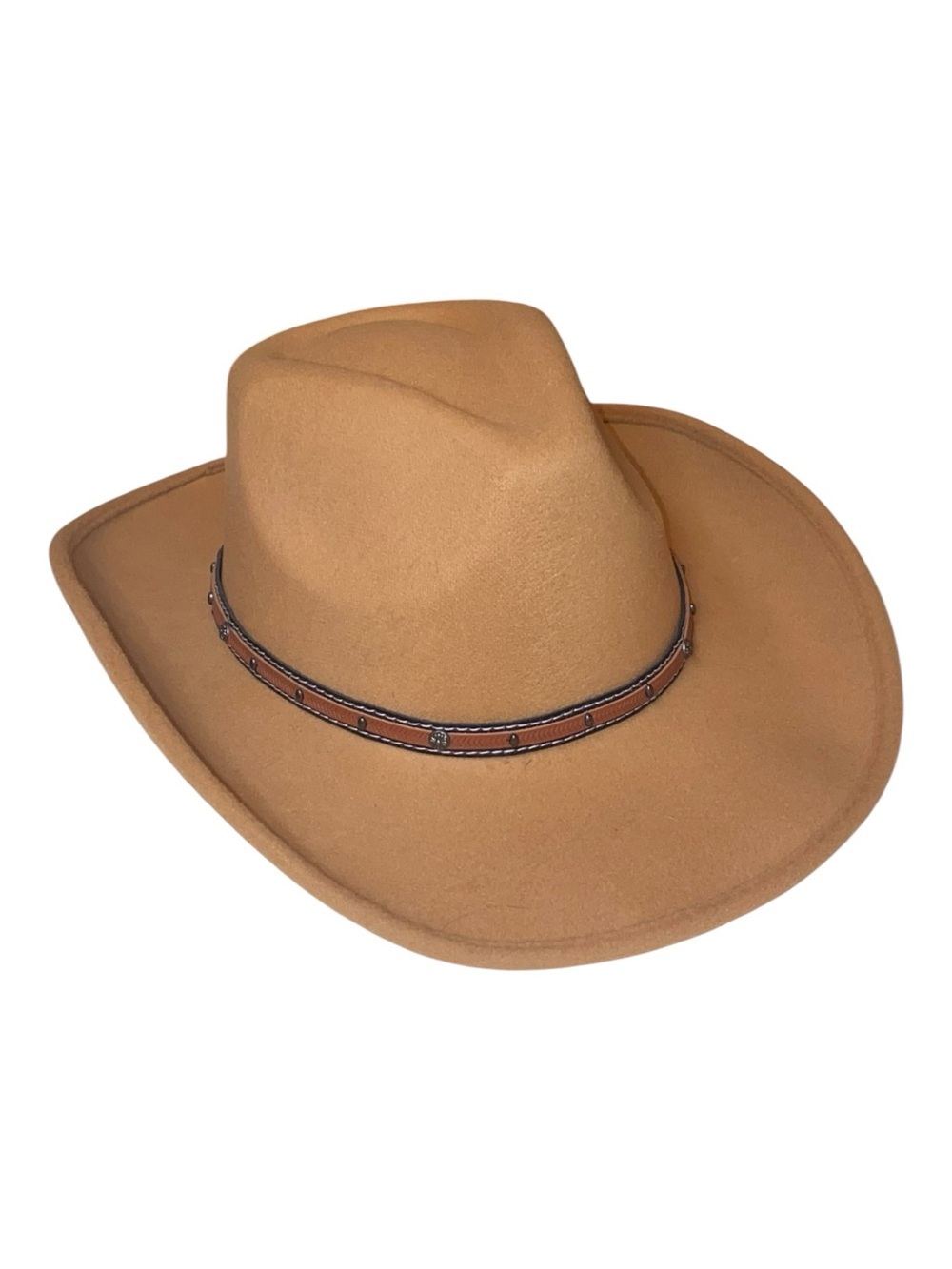 WESTERN Cowboy/Cowgirl Felt Hat Studded Faux Leather Band Wide Brim Tan Adult